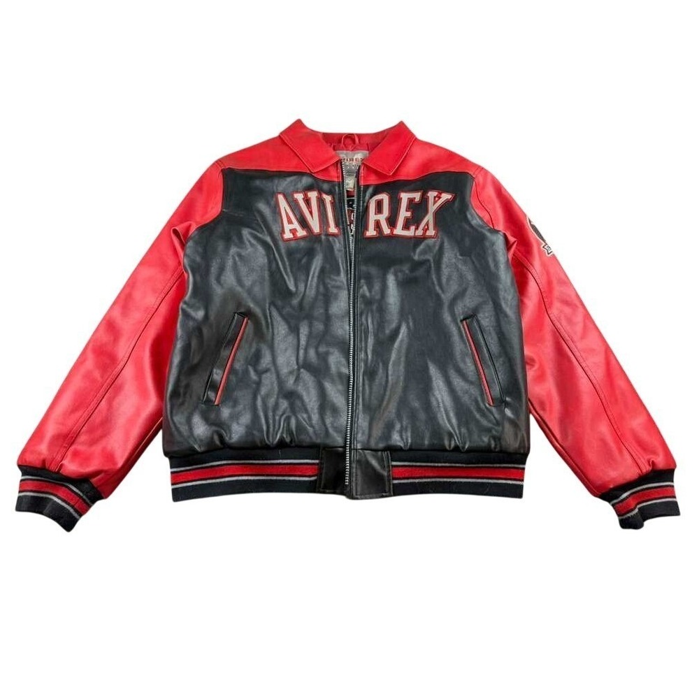 Avirex Jacket Boys XL Black Red Tactical Faux Leather Graphic Streetwear Y2K